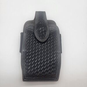 Western Black Leather Phone Holster With Basketweave Pattern And Swivel Clip